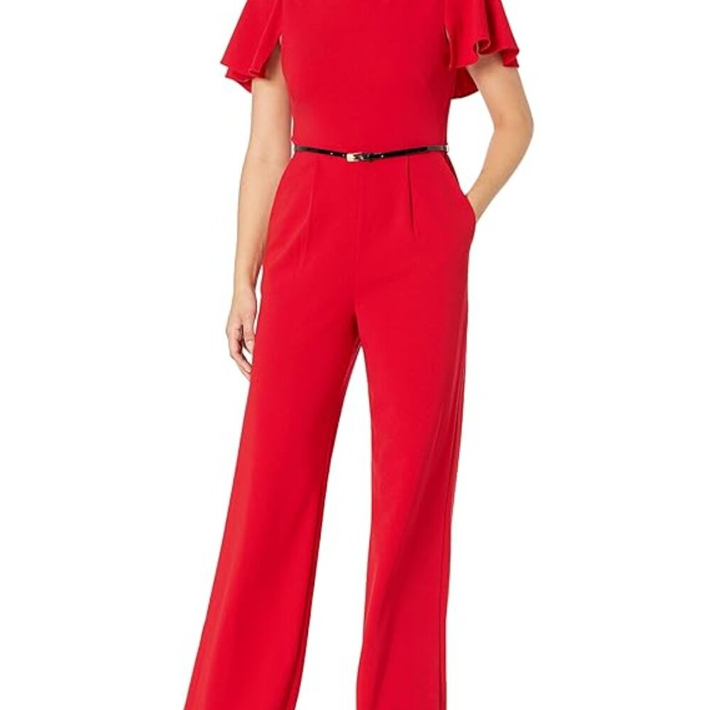 Calvin Klein Women's Belted Jumpsuit with Caplet Sleeve